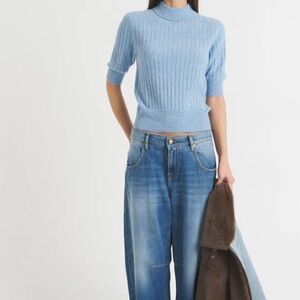 NONAME Lauren Knit T shirt Blue Cashmere Short Sleeve Sweater Mock Neck Size S